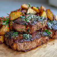 Garlic Butter Steak Bites and Potatoes sizzling in a skillet with golden potatoes and fresh herbs.  