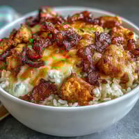 Golden pineapple chicken and rice casserole with melted cheese topping, baked until bubbly and golden.  