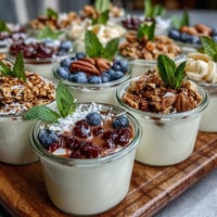 A colorful Mothers Day brunch yogurt parfait bar with fresh berries, creamy yogurt, and crunchy granola toppings for a healthy celebration.