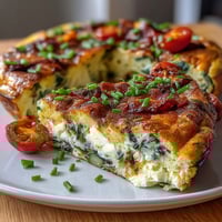 Fluffy spring veggie frittata with asparagus, goat cheese, and fresh herbs, baked until golden and set.