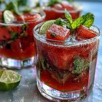 A refreshing watermelon mint vodka spritz mocktail with juicy fruit and vibrant mint, served over ice in a tall glass.