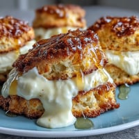 Dandelion honey scones topped with clotted cream, perfect for a spring afternoon tea or brunch treat.