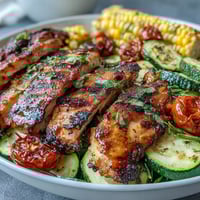 Sheet pan chicken with zucchini and corn roasted to golden perfection, bursting with summer flavors and fresh herbs.  