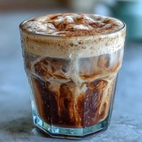 Iced brown sugar oat milk shaken espresso with frothy foam and cinnamon swirl