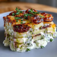 Creamy scalloped potatoes with Gruyere, baked until golden and bubbling, served as an elegant holiday side dish.