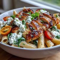 High Protein Pasta Bowl with grilled chicken and vibrant spinach topping.