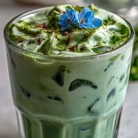 Mother's Day Iced Matcha Latte with creamy vanilla cold foam topping beautifully layered.