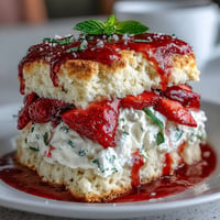 Golden Strawberry Basil Shortcake Biscuits piled high with fresh berries and cream.