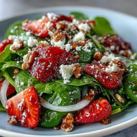Vibrant Strawberry Spinach Spring Salad with creamy goat cheese and bright balsamic dressing.