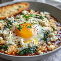 Spinach and Feta Shakshuka: vibrant skillet with poached eggs, wilted spinach, feta.
