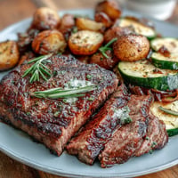 Juicy Father's Day Steak and Potato Sheet Pan Dinner, perfectly roasted with vibrant vegetables.